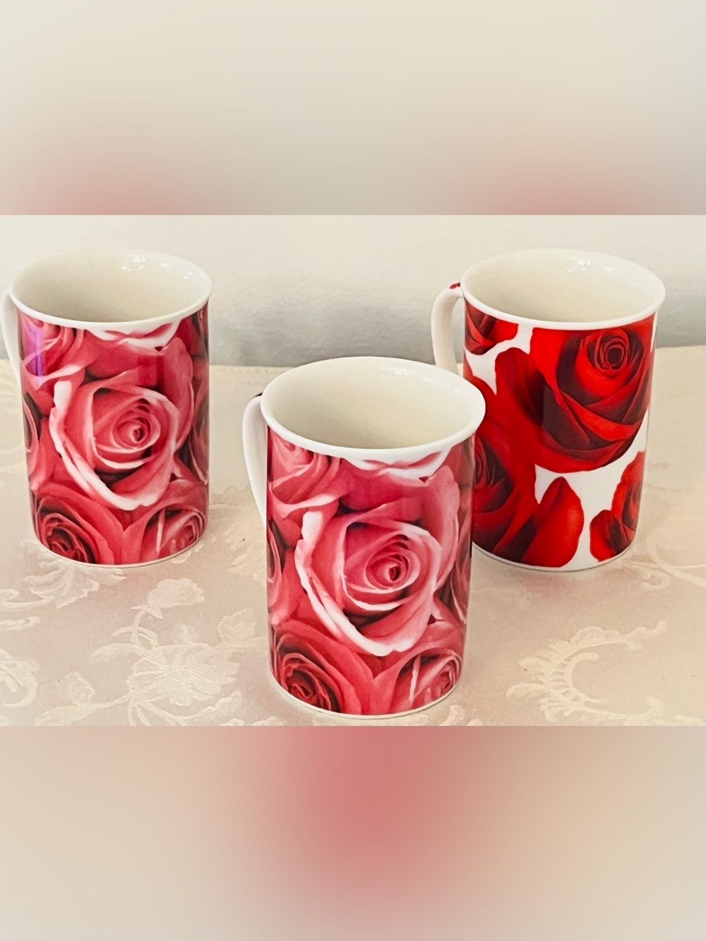 Rose Print Latte Mug Set Pink Floral Cottagecore Tea Coffee Cups NWOB - Picture 4 of 16
